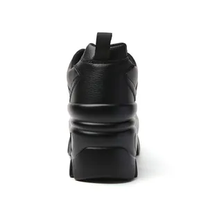 Rear view of black platform sneakers featuring leather texture and heel pull tab