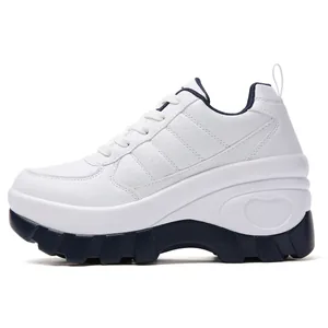 Women's 8cm platform chunky sneakers in white and blue with heart pattern detail