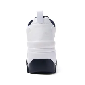 Detailed rear view of chunky platform sneaker featuring white leather and blue sole