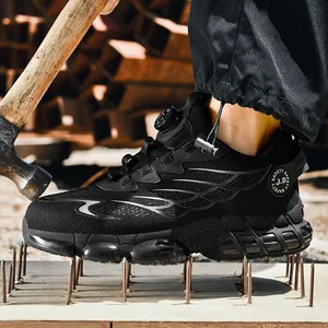 Chaussure de sécurité noire avec lacets à bouton, bout en acier et semelle anti-perforation