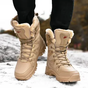 Khaki winter wandelschoenen voor heren met imitatiebont voering en antislip rubberen zool