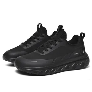 All-black breathable mesh running shoes with cushioned thick soles for men
