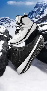 High-top outdoor sneakers featuring warm fleece lining on a snowy mountain background