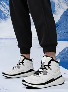 High-top winter sports sneakers with thick black fleece lining shown in a snowy landscape