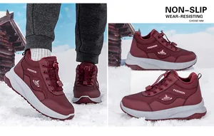 Détails de chaussures d'hiver bordeaux avec semelles antidérapantes et doublure polaire