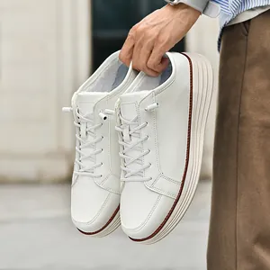 Men's autumn warm fleece-lined white leather casual shoes with thick soles and easy laces