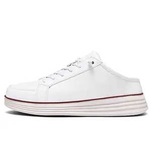 Men's white leather mule sneakers with plush lining and slip-on low-top casual design