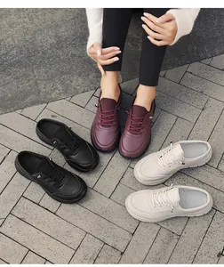 Three colors of casual leather mule sneakers shown on outdoor pavement in daylight