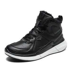 Winter high-top men's outdoor sneakers with black synthetic leather and warm plush lining