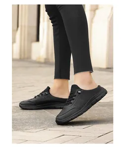 Close-up of black leather mule sneakers featuring wavy stitching and a thick non-slip sole
