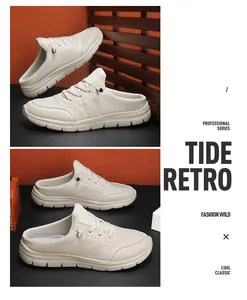 Detailed side view of white leather mules with chunky soles and decorative laces