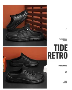 Detail of retro black leather mule sneakers with lacing and thick non-slip rubber soles