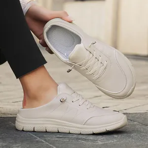 Unisex Casual Mule Sneakers Microfiber Leather Thick Sole Slip On Sporty Slippers Laces Retro Fashion Outdoor Footwear