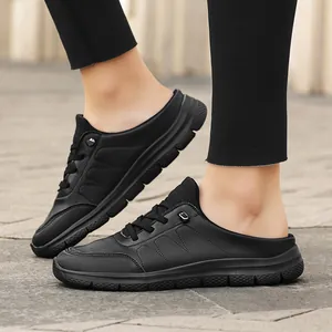 Casual black leather mule sneakers for men and women with thick non-slip rubber soles