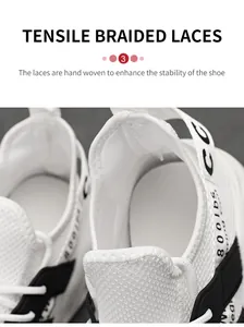 Detail van de gevlochten veters met hoge treksterkte en wit ademend mesh op de sneaker