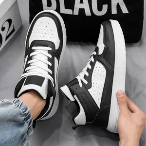 Baskets montantes pour hommes en cuir noir et blanc avec semelle épaisse compensée