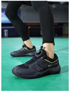 Detail of indoor badminton shoe with automatic swivel buckle system and non-slip rubber sole