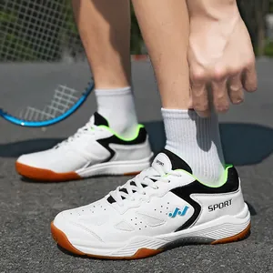Scarpe sportive indoor bianche da uomo per ping pong e badminton con dettagli verdi