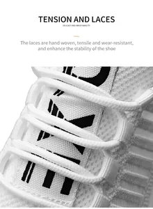 Détail des lacets tissés main et texture en maille respirante sur baskets blanches