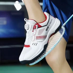Pro badminton shoes with breathable mesh and quick dial lacing system in red and white