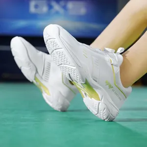 White professional indoor badminton shoes with breathable mesh and grip rubber sole