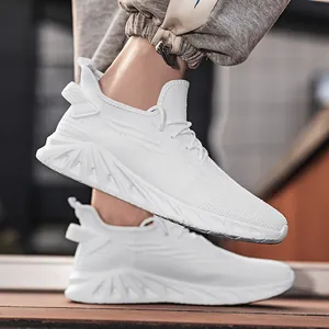 Men's lightweight white knit running shoes with breathable mesh and shock-absorbing soles