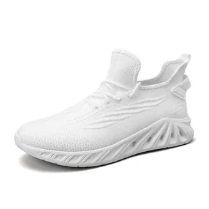 Men's lightweight white running shoe with breathable knit mesh and hollow out sole
