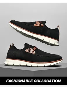 Close-up of breathable knit mesh upper with brown leather accents on slip-on sneakers