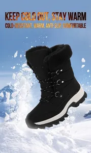 Nahaufnahme von wasserdichten High-Top-Schneestiefeln mit warmem Fellfutter und Gummisohle