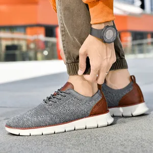 Men's casual breathable knit sneakers in grey and brown with thick white wavy sole