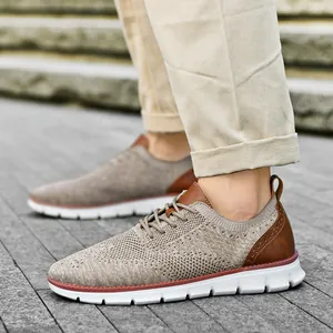 Men's khaki knit casual sneaker with breathable mesh and stylish thick white sole