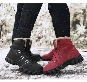 Close-up of thick plush lining and anti-slip rubber soles on winter snow boots