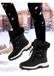 Schwarze gesteppte Winter-Schneestiefel für Damen mit Kunstpelzkragen und dicker rutschfester Sohle