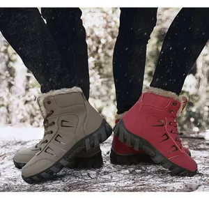 Close-up of winter snow boots with warm plush lining and thick anti-slip rubber outsoles