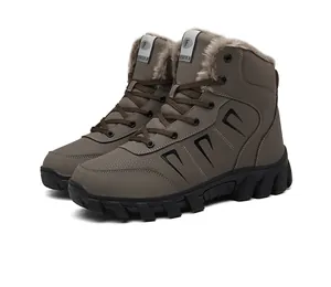 Detail of warm faux fur lining and lace-up design on brown high-top winter snow boots