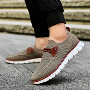 Men's breathable mesh slip-on sneakers in khaki brown with thick white soles