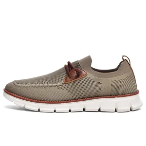 Men's breathable khaki mesh slip-on sneakers with thick white rubber sole and sock-like fit