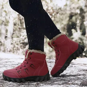 Waterproof red winter snow boots for men and women with thick warm faux fur lining