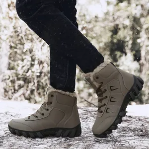 Waterproof khaki high-top winter snow boots with thick faux fur lining for men