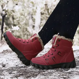 Waterproof red winter snow boots with thick faux fur lining and non-slip rubber soles