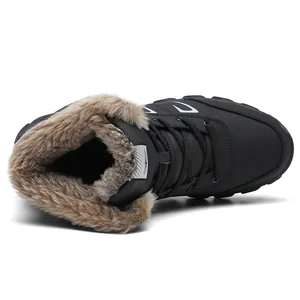 Black high-top winter boots with thick synthetic leather and warm plush lining