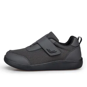 Breathable dark grey walking shoes for seniors with easy-fasten hook and loop straps
