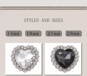 Size chart for heart-shaped crystal buttons available in 14mm, 18mm, 21mm, and 28mm