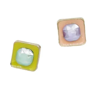 Colorful square metal stud earrings with vibrant enamel and multi-faceted crystals