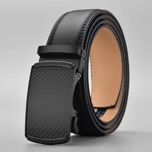 Detail of men's black carbon fiber texture leather belt with matte geometric buckle