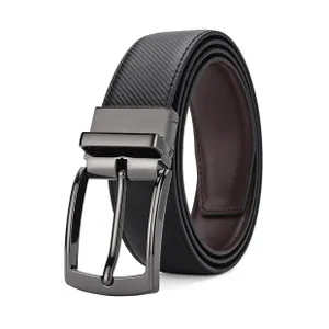 Detail of men's reversible leather belt showing black twill texture and gunmetal buckle