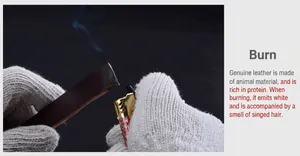 Dettaglio del test di combustione su cintura in vera pelle bovina marrone per autenticità
