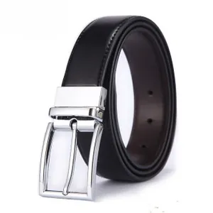 Detail view of premium black leather belt with polished silver needle buckle and stitching