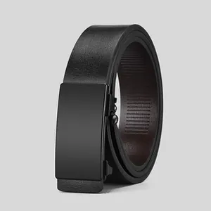 Detail view of the black leather belt with matte buckle and internal ratcheting track