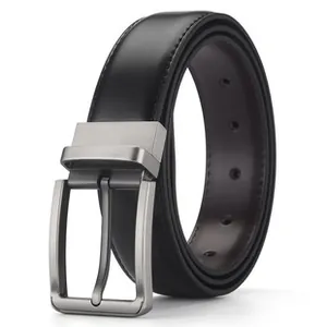 Detail of classic black leather belt with brushed dark grey alloy pin buckle and stitching